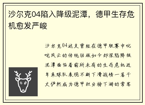 沙尔克04陷入降级泥潭，德甲生存危机愈发严峻